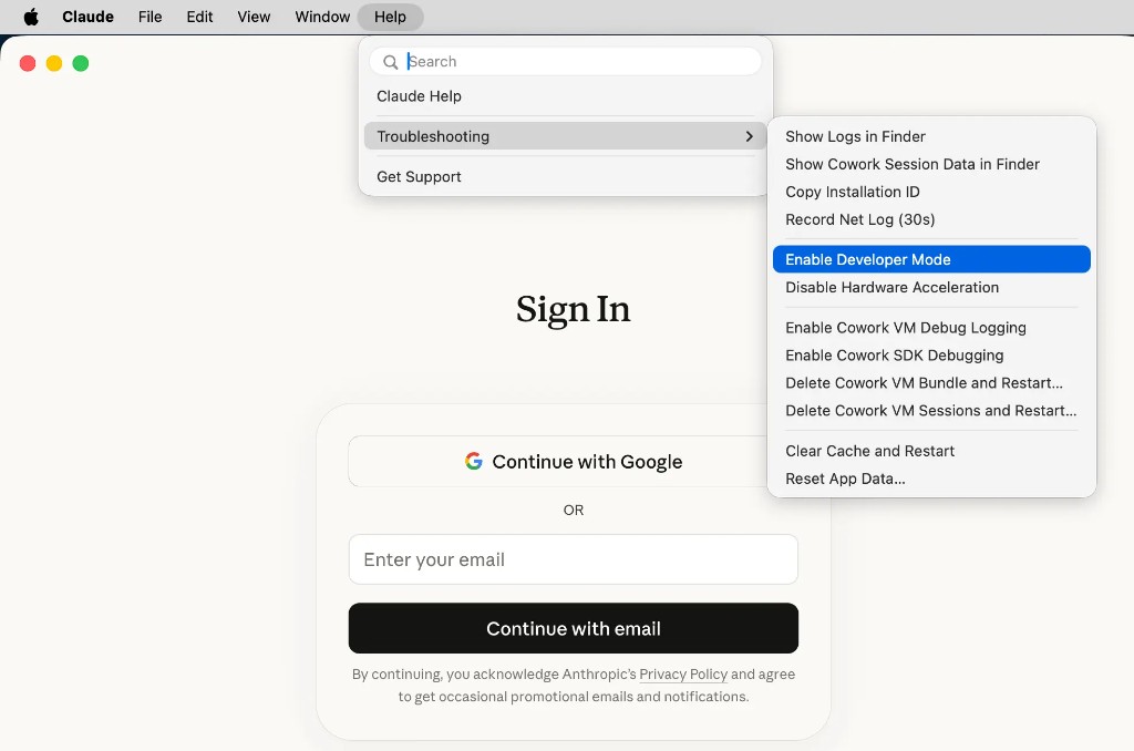 Enable Developer Mode in Claude Desktop